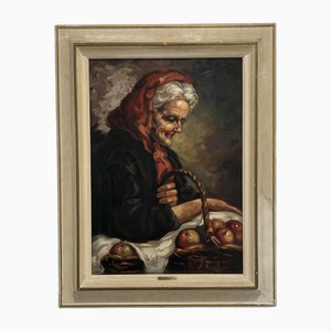 Alberto Cecconi, Vieille femme au panier de pommes, Oil on Canvas, Framed