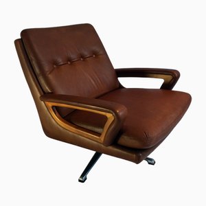 Silla giratoria de cuero y madera, años 70