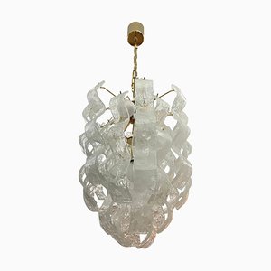 Lámpara de araña Mid-Century moderna en cascada de cristal de Murano blanco atribuida a Mazzega, años 70