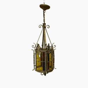 French Gothic Style Round Hall Lantern in Stained Glass, 1900s