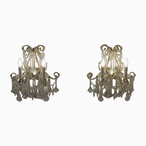 Vintage Maria Teresa Style Wall Lamps with Two Lights with Pendant Drops, Italy, 1940s, Set of 2