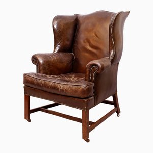 Wingback Armchair in Dark Brown Patinated Leather, 1970s