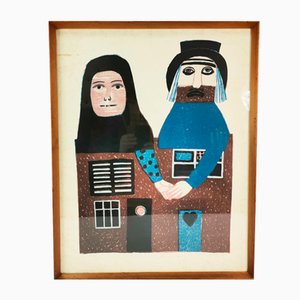 Kirsten Ruth Bjerre Mikkelsen, Marriage, 1971, Linocut, Framed