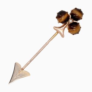 19th Century French Tiger Eye Fine Pearl Rose Gold Clover Pin Brooch