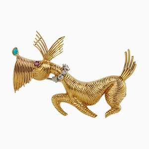 Gold Brooch in the Shape of a Dog with Diamonds, Ruby and Turquoise