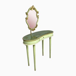Italian Venetian Green and Golden Wood Console with Mirror, 1950s