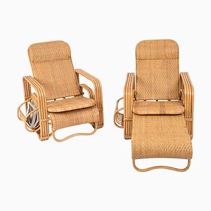 Adjustable Lounge Chairs in Wicker and Rattan, Italy, 1970s, Set of 2