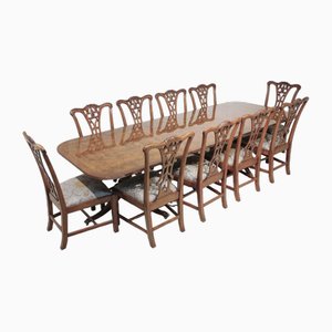 Regency Dining Table Set Chippendale Chairs in Walnut, Set of 11