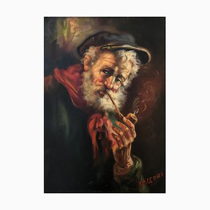 Alberto Cecconi, Vieille homme à la pipe, Oleo sobre lienzo, Enmarcado