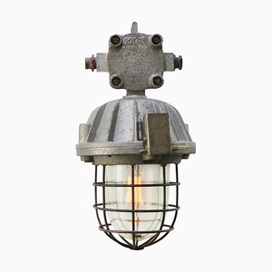 Lampe à Suspension Industrielle Vintage en Verre Clair & en Aluminium Coulé Gris