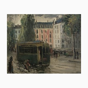 Herbert Theurillat, Carrefour de Rive un jour de pluie, Genève, 1920, óleo sobre lienzo, enmarcado