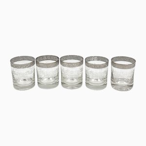 Wasser- oder Whiskygläser aus Muranoglas mit Medici-Dekor und Platinrand, Italien, 5 . Set