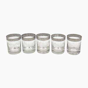 Water or Whiskey Glasses in Murano Glass with Medici Decor and Platinum Edge, Italy, Set of 5
