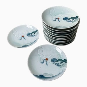 Japanese Porcelain Plates with Crane Decor, 1938, Set of 10