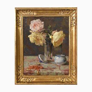 French Artist, Art Deco Bouquet of Roses, Oil on Canvas, 20th Century, Framed
