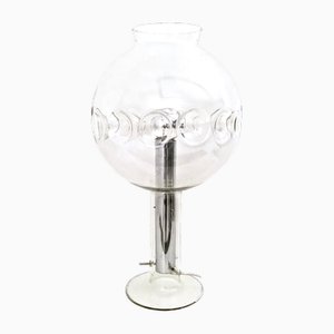 Lampada da tavolo vintage in acciaio con paralume sferico in vetro di Murano, Italia, anni '70