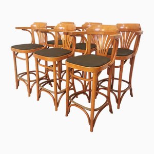 High Wooden Bar Stools with Armrests, 1970s, Set of 6