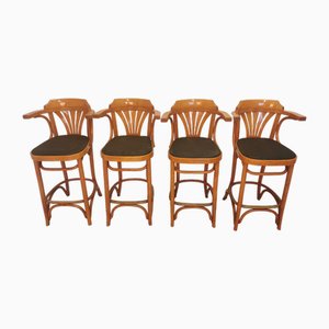 High Wooden Bar Stools with Armrests, 1970s, Set of 4
