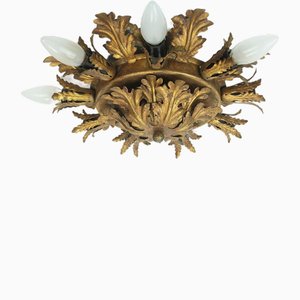 Lampada da soffitto vintage Hollywood Regency in stile fiorentino con foglie in metallo di Banci, Italia