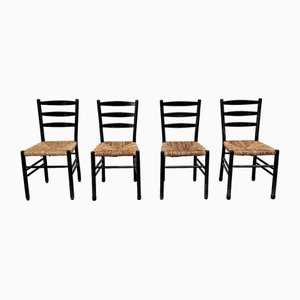 Mid-Century Ladder Back Dining Chairs with Wicker Seats, 1950s, Set of 4