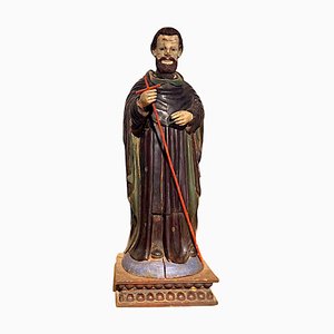 Antique Religious Sculpture of a Saint with Remains of Polychrome and Cane Cross, Spain, 19th Century