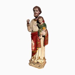 Escultura religiosa policromada antigua de San José con niño en el brazo, España, siglo XIX