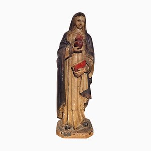 Ancienne Statue Religieuse Sculptée de la Vierge avec le Sacré-Cœur et le Livre, Espagne, 19ème Siècle