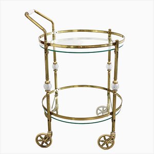 Hollywood Regency Brass and Crystal Glass Serving Cart, Italy, 1970s