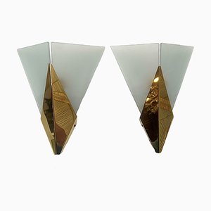 Triangular Glass & Brass Sconces from Hustadt, Germany, 1970s, Set of 2