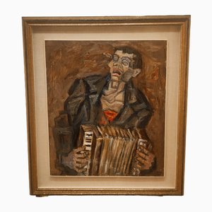 Emilio Notte, The Blind Player, 1970s, Oil on Canvas, Framed