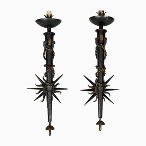 Torchiere Sconces in Wrought Iron by Gilbert Poillerat, France, 1930s, Set of 2