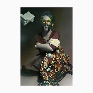 Mujer joven con libros, años 70, pintura sobre tabla