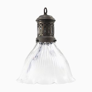 Lámparas colgantes belgas industriales vintage de vidrio Holophane de latón