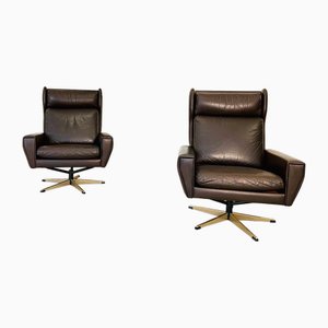 Vintage Danish Brown Leather High Back Swivel Chairs, 1970, Set of 2
