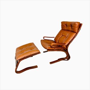 Vintage Scandinavian Cognac Lounge Chair and Foot Stool by Oddvin Rykken, 1960s, Set of 2