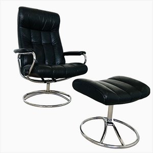 Vintage Mid-Century Leather Lounge Chair & Ottoman from Ekornes, 1970, Set of 2