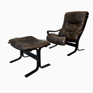 Vintage Mid-Century Ledersessel & Fußhocker von Ingmar Relling für Westnofa, 1970er