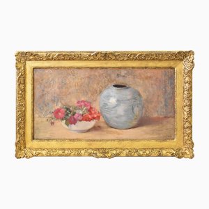 Dutch Artist, Art Deco Flowers and Vase, Oil on Canvas, 20th Century, Framed
