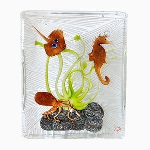 Acuario italiano de cristal de Murano con animales marinos, década de 2010
