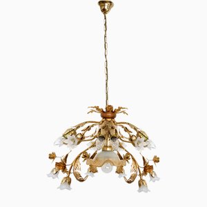 Italian Gold-Plated Metal and Murano Glass Flower Chandelier, 1980