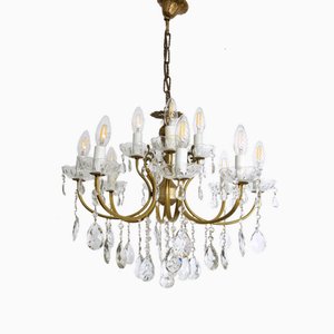 French Brass and Crystal Chandelier, 1950s
