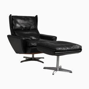 Swivel Lounge Chair with Ottoman in Black Leather from Georg Thams, 1960s, Set of 2