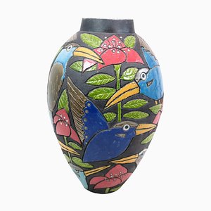 Grand Vase en Céramique avec Motifs d'Oiseaux et de Fleurs, 2000s