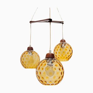 Dänische Vintage Lampe aus Teak mit Bernsteinfarbenen Glasschalen, 1950er