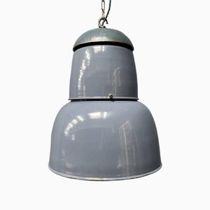 Large Industrial Blue-Gray Enamel Hanging Lamp, 1940s