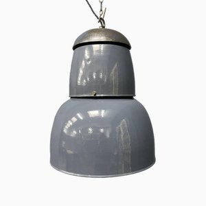 Lámpara colgante industrial grande esmaltada en azul y gris, años 40
