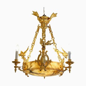 Lustre en Bronze Doré et Albâtre, 19ème Siècle