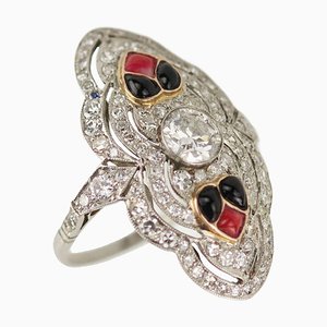 20th Century Art Deco White Gold Ring with Diamonds and Enamel