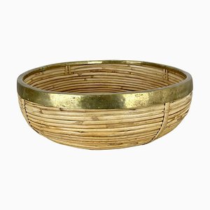 Large Rattan and Brass Bowl in the style of Franco Albini, Italy, 1970s