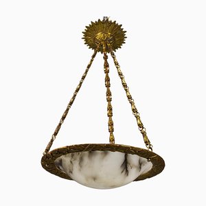 French Bronze, Brass and White Alabaster Pendant Light, 1920s